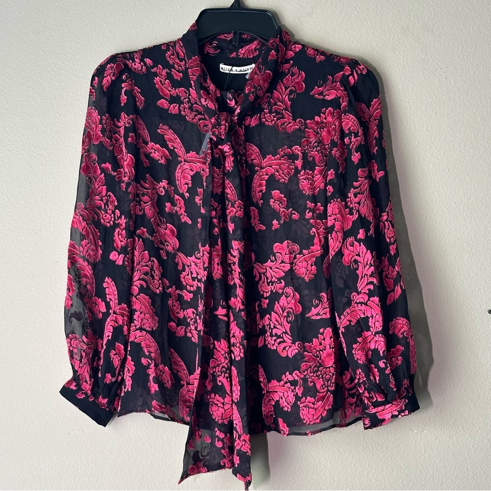Alice + Olivia Jeannie Tie Neck Viscose/Silk Top Blouse Pink & Black NWT Size XS